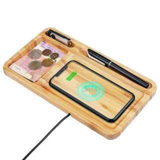 15W Wood Phone Wireless Charging Station with Desk Organizer Pad, Bamboo Qi Charger Docking Tray Key Pen Holder Wooden Dock Station for iPhone Android Samsung Nightstand Home Office Gift KingTSYU