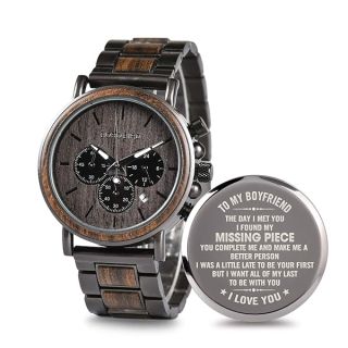 2win Engraved Personalized Wooden Watch for Boyfriend My Man Fiancé Husband Customized Wooden Watches for Men Personalized Watch (B-for-Boyfriend)