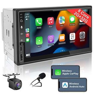 7 Inch Android Double Din Car Stereo Wireless CarPlay &amp; Wireless Android Auto,2+32G Touchscreen Car Radio Receiver with Dual Bluetooth,Live Rearview Camera,AM/FM/RDS, Type C Fast Charge,DSP/Subw