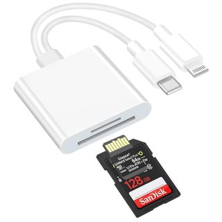 iPhone Card Reader, Lightning and USB-C SD/TF Card Camera Adapter Multi-Card Reader with Dual Slot, Plug and Play Compatible with iOS and Android, for iPhone iPad, MacBook, iMac