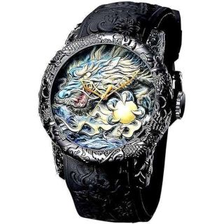 Automatic Watch for Men Fashion 3D Engraved Dragon Waterproof Big dial Sport Wristwatch (Full Black)