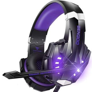 BENGOO G9000 Stereo Gaming Headset for PS5, PS4, PC, Xbox One Controller, Noise Cancelling Over Ear Headphones with Mic, LED Light, Bass Surround, Soft Memory Earmuffs - Purple