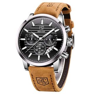 BENYAR Chronograph Waterproof Watches Business and Sport Design Black Leather Band Strap Wrist Watch for Men (Brown Silver Black)