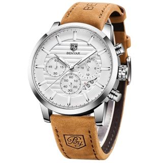 BENYAR Quartz Chronograph Waterproof Watches Business and Sport Design Leather Band Strap Wrist Watch for Men (Brown Silver White)