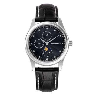 BERNY Mens Multi-Functional Quartz Watch with Calendar and Moon Phase Watch - Stainless Steel Case and Leather Band (White)