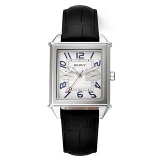 BERNY Square Watches for Men Quartz Watch Rectangular Calendar Leather Strap Watch - Sliver