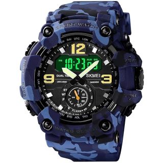 BESTKANG Mens Large Dial Analog Digital Dual Display Watches Military Chronograph Calendar Alarm Outdoor Sports Electronic Watch(Blue Camouflage)