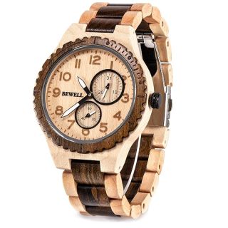 BEWELL Mens Wooden Watch Quartz Date Display Luminous Analog Wood Wristwatch for Men W154A (Maple and Black Sandalwood)