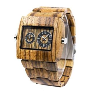 BEWELL Square Dial Wooden Watches for Men W021C Dual Time Display Wood Watches (Zebra Wood)