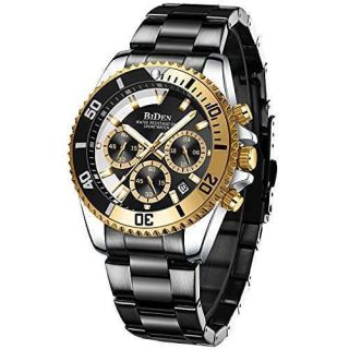 BIDEN Mens Watches Chronograph Stainless Steel Waterproof Date Analog Quartz Watch Business Casual Fashion Wrist Watches for Men, Black Silver Yellow, Quartz Watch,Chronograph