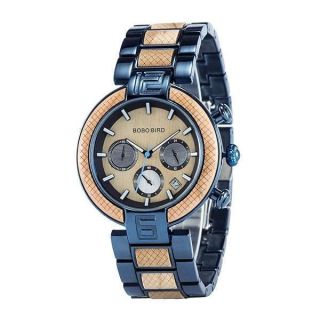 BOBO BIRD Men&amp;#039;s Wood Watches 42mm Fashion Multifunction Chronograph Analog Quartz Watch Stainless Steel Metal Handmade Wrist Watches for Men (Blue)