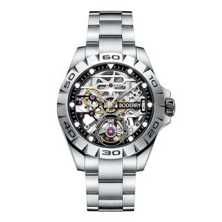 BODERRY Original Urban Mens 72H Power-Reserve Stainless Steel Skeleton Watches Fashion Automatic-Self-Winding Mechanical Luminous Wrist Watch with Rubber/Leather Strap