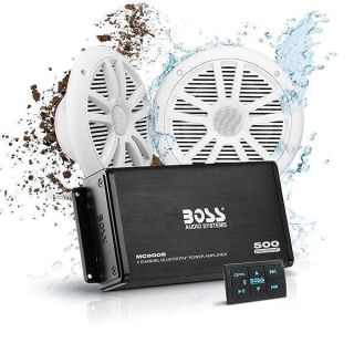 BOSS Audio Systems ASK902B.6 Marine Boat 6.5 inch Speakers and 4 Channel Amplifier Package - 500 High Output, Bluetooth Remote, Waterproof Pouch