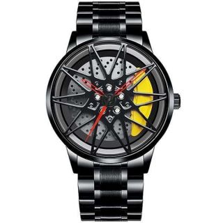 BOYADKA Car Wheel Watches for Men,Waterproof Stainless Steel Japanese Quartz Wrist Watch Sports Men’s Watches with Car Wheel Rim Hub Design for Men/Car Enthusiast (Yellow)