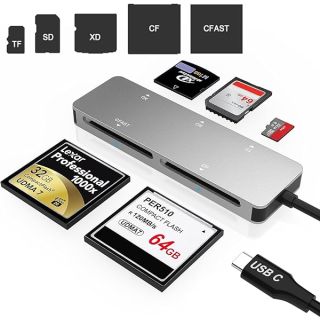 CFast 2.0 Card Reader,USB 3.0 USB C CF/SD/TF/XD Aluminum Memory Card Slot Combo Adapter, Read 5 Card Simultaneously High Speed Multi Camera Card Reader for Type-C Device Supports Windows/Linux/MAC OS