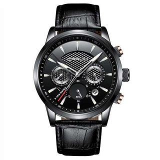 CRRJU Men Business Wristwatch Auto Date Casual Dress Japan Quartz Watches with Black Leather Strap