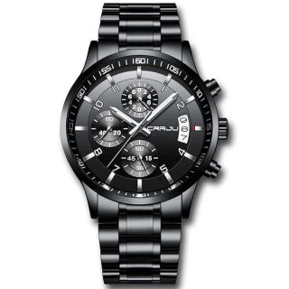 CRRJU Men&amp;#039;s Black Watch Fashion Business Chronograph Quartz Wristwatches,Luxury Stainsteel Steel Band Waterproof Watch for Men