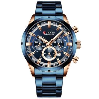 CURREN Mens Watch Sport Quartz Chronograph Wristwatches with Luminous Hands Fashion Stainless Steel Clock Date (Rose Gold Blue)