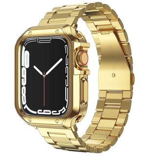 Compatible with Apple Watch Band and Case, Stainless Steel Metal Chain with TPU Cover, Smart-Watch Link Bracelet Strap, Wrist-Band for i-Watch Series 9 8 7 6 5 4 3 2 1 SE, 45mm 44mm 42mm, Gold