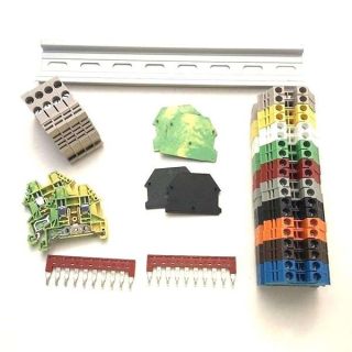 DIN Rail Terminal Blocks Kit by International Connector 20 Dinkle DK2.5N DIN Terminal Block Connectors 12-22 AWG Gauge 20A 600V, Ground Blocks, Jumpers, End Covers, End Brackets on 8&amp;#039;&amp;#039; Aluminum Rail