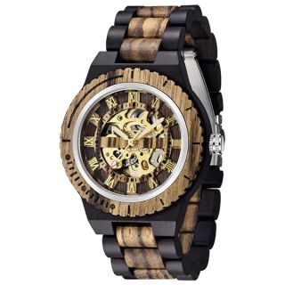 Dentily Men&amp;#039;s Wooden Watch Skeleton Automatic Movement Wood Watch Self-Winding Watches for Men