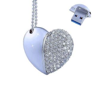 EcooDisk 128GB USB 3.0 Flash Drive Diamond Heart with Necklace Memory Stick High Speed Thumb Drive Jump Drive Data Storage Silver