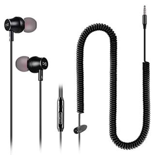 Extra Long Earbuds for TV &amp; PC, with 12FT Spring Coiled Extension Cable, Volume Control &amp; Mic, in-Ear Wired Headphones for 3.5mm Audio Output Devices, ChanGeek CGS06