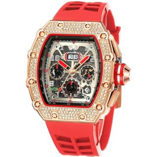 FANMIS Mens Bling Punk Diamond Chronograph Watches Fashion Style Silicone Band Sports Wrist Watch (Red Rose)