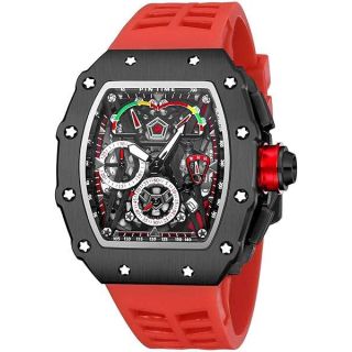 FANMIS Mens Luxury Tonneau Square Watches Analog Punk Chronograph Unique Sports Wrist Watch Japanese Movement Luminous Design with Rubber Band (Black Red)