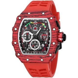 FANMIS Mens Luxury Tonneau Square Watches Analog Punk Chronograph Unique Sports Wrist Watch Japanese Movement Luminous Design with Rubber Band (X Red Red)