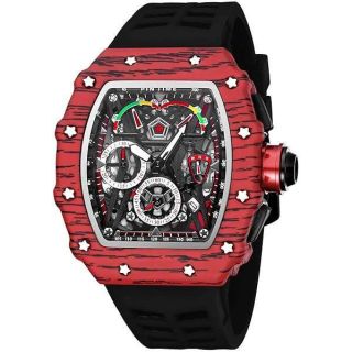 FANMIS Mens Luxury Tonneau Square Watches Analog Punk Chronograph Unique Sports Wrist Watch Japanese Movement Luminous Design with Rubber Band (X Red Black)