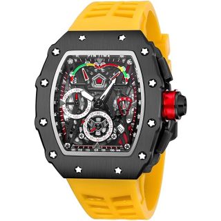 FANMIS Mens Luxury Tonneau Square Watches Analog Punk Chronograph Unique Sports Wrist Watch Japanese Movement Luminous Design with Rubber Band (Black Yellow)