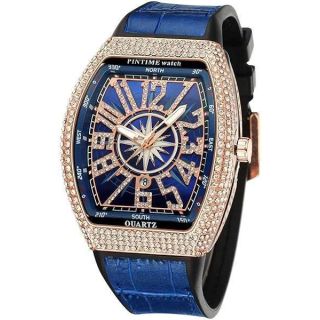 FANMIS Mens Skull Big Face Watches Rectangle Punk Diamond Dial Leather Strap Calendar Quartz Sports Wrist Watch (Rose Blue)