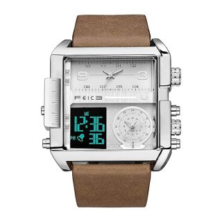 FEICE Wathes for Men Digital LED Analog Quartz Wristwatch Business Men’s Watch Multifunction Square Chronograph 24H Calendar Leather Band Unique FK030