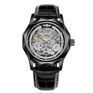 FORSINING Men&amp;#039;s Automatic Mechanical Dodecagon Watch Skeleton Roman Numeral Genuine Leather Band Tourbillon Wrist Watch (Black)