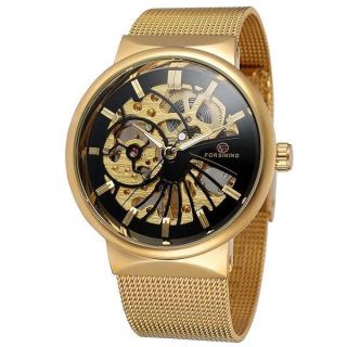 FORSINING Men&amp;#039;s Popular Mechanical Hand-Wind Ultra Thin Stainless Steel Bracelet Mesh Skeleton Watch