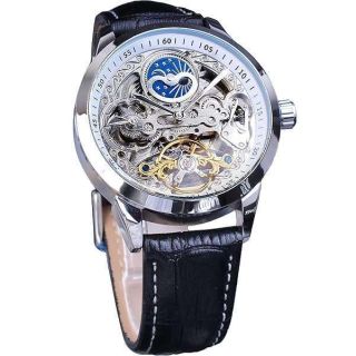 FORSINING Men&amp;#039;s Skeleton Moon Phase Watch Mechanical Self-Wind Tourbillon Dual Time Zone Watches Automatic Luxury Leather Strap Large Dial Wristwatch, White