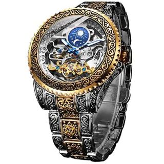 FORSINING Retro Watch for Men Carved Self-Wind Mechanical Tattoo Tourbillon Moon Phase Independent Seconds Skeleton Automatic Big Dial Wrist Watches,Gold