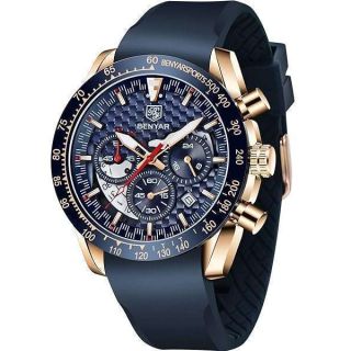 Fashion Men&amp;#039;s Quartz Chronograph Waterproof Silicone Watches Business Casual Sport Design Wrist Watch for Men Perfect for Father Son Black Blue Rose Gold (Rose Gold Blue 5175)