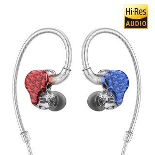 FiiO FA7 Best Over The Ear Headphones/Earphones Detachable Cable Design HiFi Quad Balanced Armature Driver in-Ear Monitors for iOS and Android Computer PC Tablet(Blue(L) and Red(R)-Clear Abstract