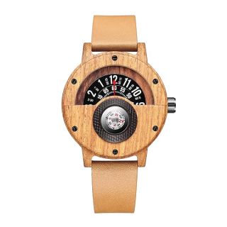 GORBEN Men&amp;#039;s Wood Watch Unique Leather Band Turntable Dial Men Military Watches with Compass Quartz Watch