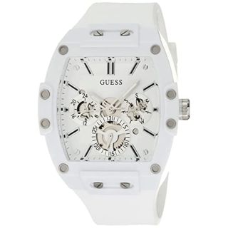 GUESS Mens Casual Multifunction 43mm Watch – White Polycarbonate Case with White Skeleton Dial &amp; White Silicone Strap