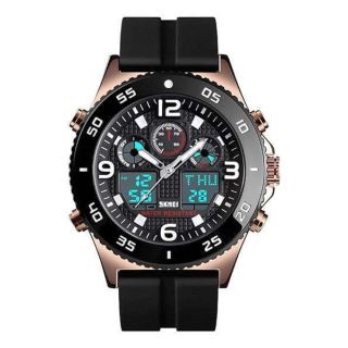 Gosasa Business Watch Men Wristwatch Quartz Dual Display Watch Fashion Casual 3 Time Waterproof Stopwatch Clock (Rose Gold - Rubber Strap)