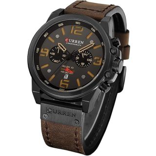 Gosasa Men Sport Chronograph Quartz Watch Brown Leather Strap Date 30M Waterproof Military Male Wrist Watch (Brown Black)