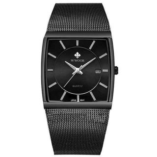 Gosasa Men Watch Classic Analog Quartz Date Stainless Steel Milanese Mesh Band Ultra-Thin Rectangle Dial Luminous (Black)