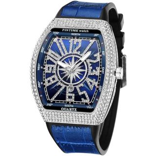 Gosasa Men&amp;#039;s Fashion Cool Unique Tonneau Watch Iced Out Bling Crystal Rhinestone Quartz Wristwatches with Rubber Strap (Blue Silver)