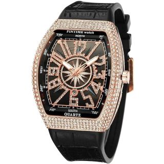 Gosasa Men&amp;#039;s Fashion Cool Unique Tonneau Watch Iced Out Bling Crystal Rhinestone Quartz Wristwatches with Rubber Strap (Red Rose Gold) (Black Rose Gold)