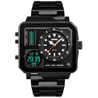 Gosasa Men&amp;#039;s Square Large Face Stainless Steel Digital Sports Watch, LED Analog Quartz Wrist Watch with Multi-Time Zone Waterproof Stopwatch (Black)