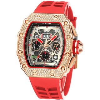 Gosasa Mens Unique Punk Bling Iced Out Dress Watches Tonneau Rectangle Watches for Men Waterproof Analog Chronograph Sports Watch Silicone Band