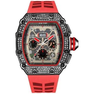 Gosasa Mens Unique Punk Bling Iced Out Dress Watches Tonneau Rectangle Watches for Men Waterproof Analog Chronograph Sports Watch Silicone Band